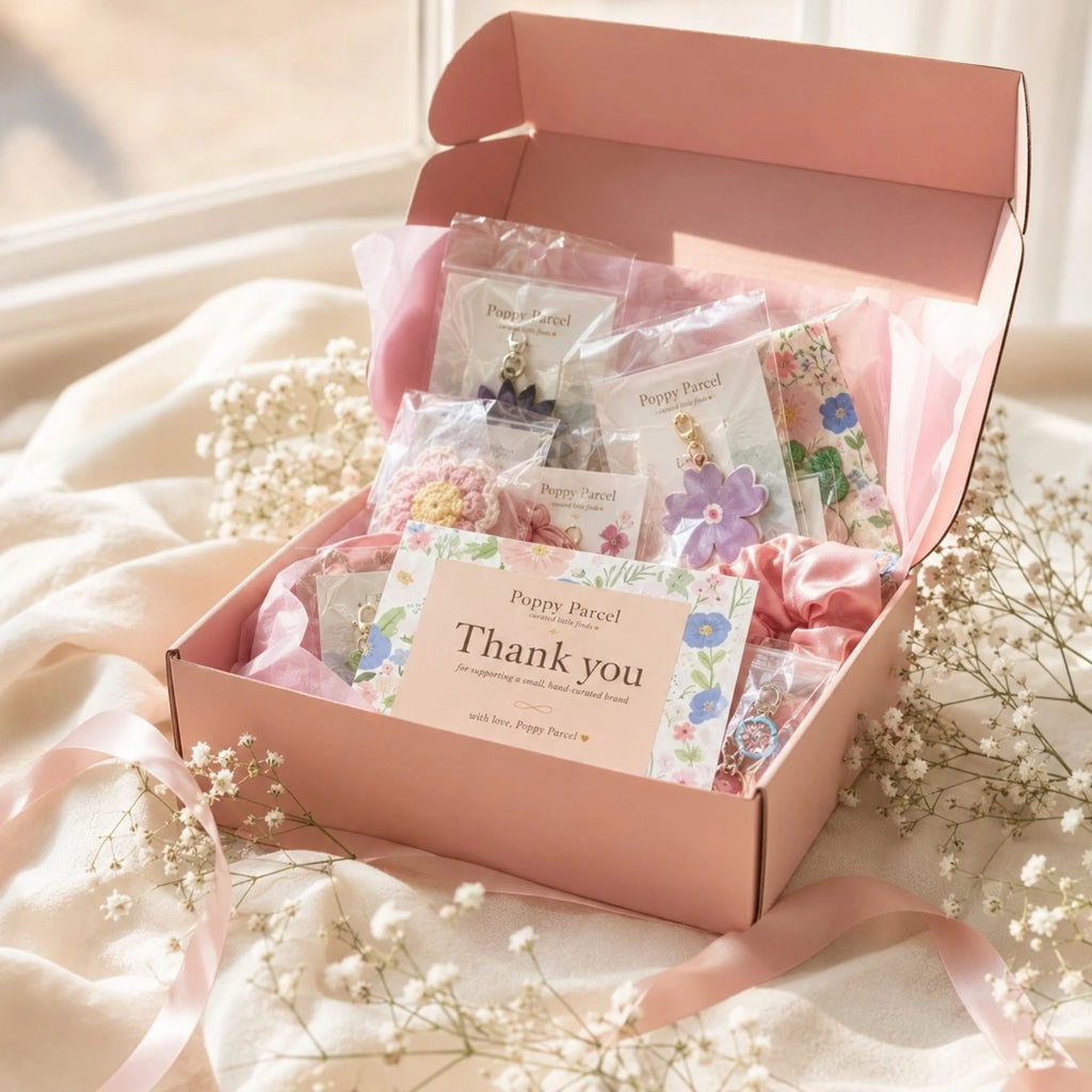 Poppy Parcel Deluxe bag charm mystery box open showing curated bag charms, keychains, and handmade accents nestled in pink tissue